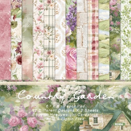 Retro Cottagecore Scrapbooking Paper Pad - 24 Sheets 6in Pink Garden Aesthetic Patterned Decorative for Origami Decoupage Journals Wrapping Folded Supplies Gift Cards DIY Crafts Photo Album