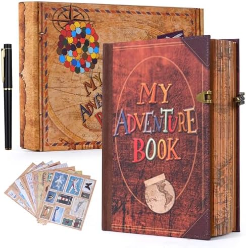 My Adventure Book Luxury Faux Leather Journal - 164 Page 8.2 * 5.9 inch Scrapbook, Vintage 3D Embossed Photo Album & Travel Diary | Anniversary Wedding Valentine Gift Set for Couples