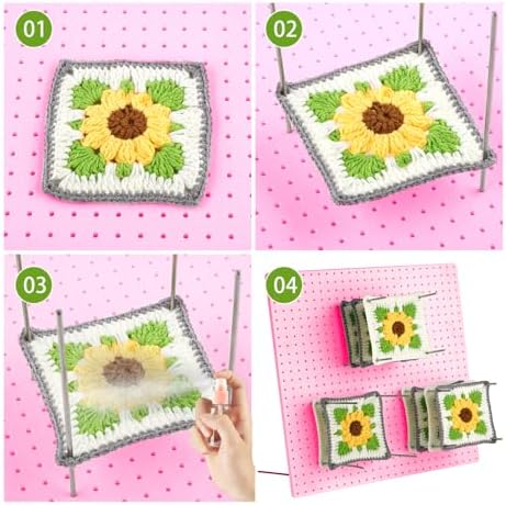 wuher 13''Granny Square Blocking Boards for Crochet Projects, Crochet Blocking Board with 20 pegs, Large-Sized Plastic Blocking Board is a Gift for Crochet Enthusiasts and Beginners (Pink)