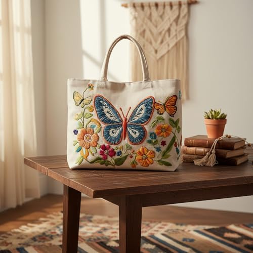 ARTopet Embroidery Tote Bag Kit for Beginners Butterfly Canvas Cross Stitch Handbag with Hoops Needles Threads Reusable Grocery Bag for Women-Butterfly01