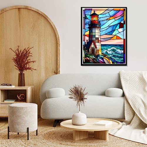 5D Stained Glass Lighthouse Diamond Painting,Adult Diamond Art kit, DIY Diamond Painting kit,Full Diamond Round Diamond dot Diamond Art kit,Craft Home wall Art decorating-12x16in
