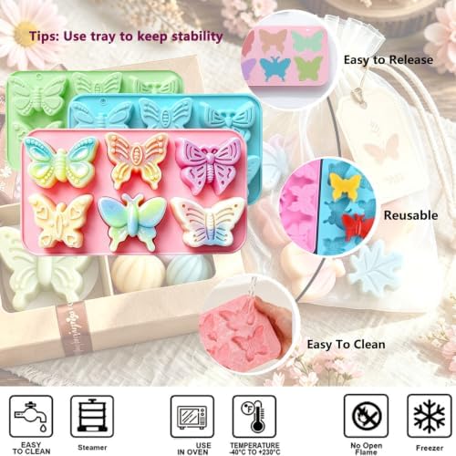 3 Pack Butterfly Silicone Soap Mold- Non-Stick Reusable for DIY & Baking | Soap Mold Making,Non-Stick,Reusable,Heat & Cold Resistant,Dishwasher Safe,for Chocolate,Wax Melts,Bath Bombs,Resin,Ice Cubes