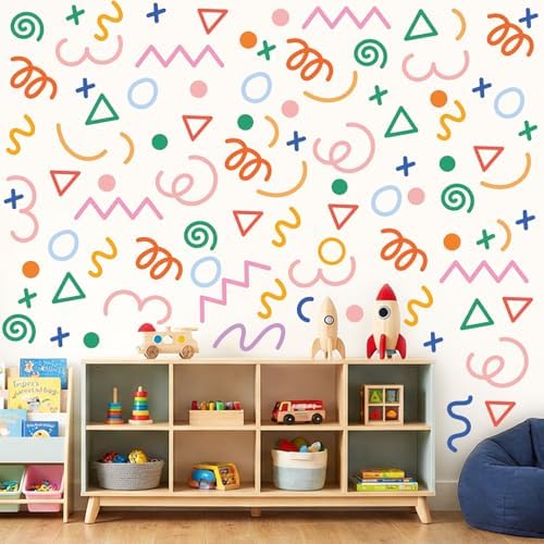 AOWDIAO 200 Pcs Geometric Wall Decals - Peel and Stick, Waterproof Vinly Colorful Wall Stickers for Kids Room, Playroom and Nursery