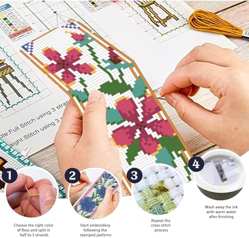 ORIGACH 6 Pcs Flower Cross Stitch Bookmark Kit for Beginner with Backing Felt Floss Instruction Sunflowers Tulip DIY Stamped Embroidery Bookmark Kit for Starter Adults Book Lovers