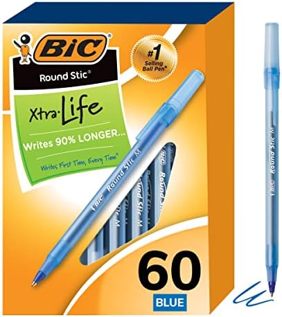 BIC Round Stic Xtra Life Ballpoint Pen, Medium Point (1.0mm), Blue, Flexible Round Barrel For Writing Comfort (Pack of 9, 540 Count Total)