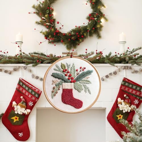 IUHUI Embroidery Kit for Beginners Adults - Anticipated Christmas Patterns, DIY Hand Stitching Embroidery Set with Hoop (Christmas Stocking Greenery)