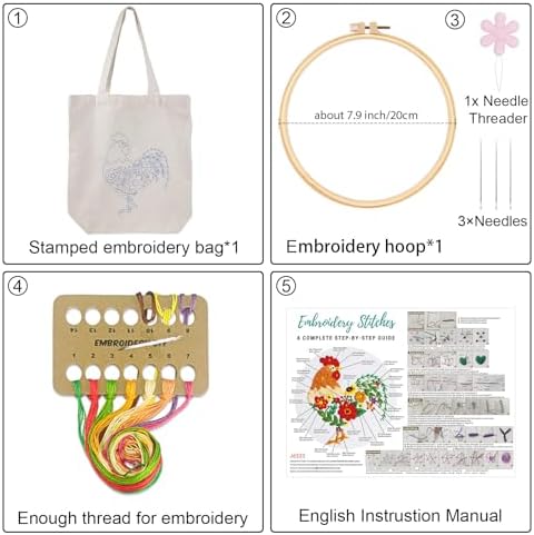 Louise Maelys Embroidery Kit Canvas Tote Bag for Beginners, Floral Rooster