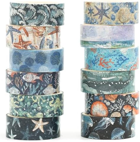12 Rolls Charming Washi Tape Set Gold Silver Foil Detailing Arts Adhesive Tapes Basic Patterns Decorative Masking Tape Sets for Craft, Kids, Scrapbook, DIY, Gift Wrapping (Oceanic Dreams)