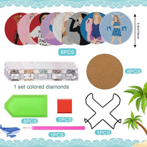 8 PCS Singer Diamond Art Coasters Kits, Pop Star Diamond Painting Coasters with Holder Set of 8, DIY Drink Coasters Art Crafts Supplies for Adults Cup Mat for Home Decor House Warming Gifts Non-Slip