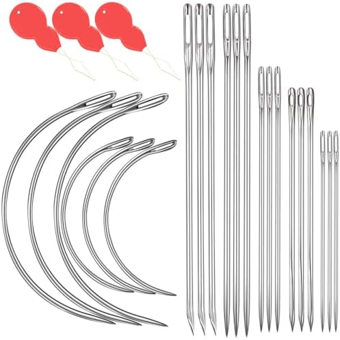 Heavy Duty Hand Sewing Needles Kit, 21 PCS Leather Sewing Needles with 15 Leather Hand Sewing Needle and 6 Curved Needle for Home Upholstery, Leather Needles for Hand Sewing