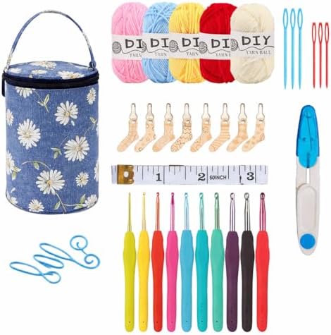Crochet Kit Set with Portable Travel Bag, 9 Ergonomic Soft Handle Hooks (2.0-6.0mm), 5 Yarn Balls, Stitch Markers, for Beginners (Navy)