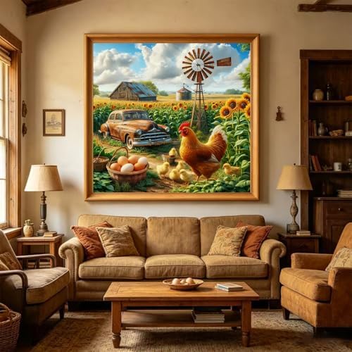 Accompany Wind Chicken Diamond Art Kits for Adults, 5D Farm Scenery Diamond Painting Kits for Beginners,DIY Round Full Drill Diamonds Gem Art Crafts for Home Wall Decor Gifts 14x14 Inch