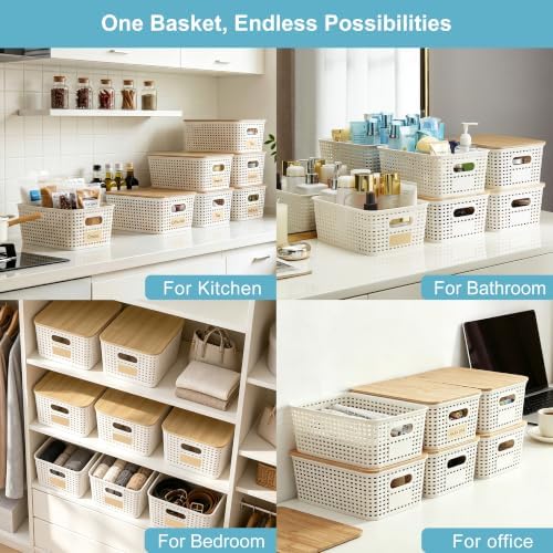 Bagnizer Small Plastic Storage Bins with Bamboo Lids 5.2qt Stackable Box Basket Pantry Decorative Containers Cute with Labels for Organizing Desktop Closet Office Cream White of 6 packs 10*7.2*4.1"