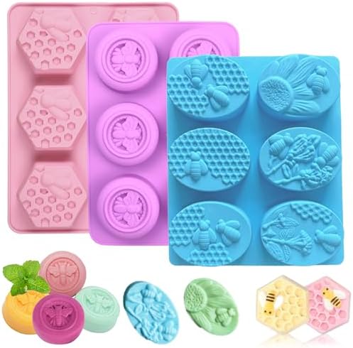 3 Pack Bee Silicone Soap Molds-Hexagon Oval Round Flexible for DIY,Baking | 8 Pattern Honey Soap Making,Non-Stick,Reusable,Dishwasher Safe,for Wax Melts,Beeswax,Chocolate,Bath Bombs,Resin,Ice Cubes