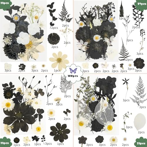 185 Pcs Dried Pressed Flowers for Resin Crafts, Real Natural Pressed Flowers and Leaves Kit Butterfly Stickers Vacuum Sealed Dry Flowers for DIY Epoxy Resin Jewelry Molds, Candle Soap Making, Nail Art