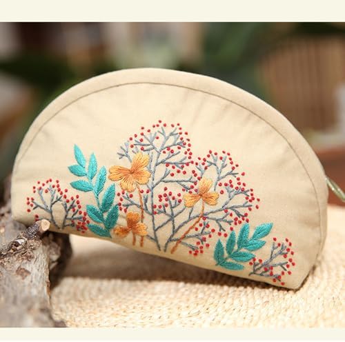 FONNUY Embroidery Kit Makeup Bag for Beginners, Flowers Pre-Stamped Pattern Handbag Coin Purses Making Kits for Adults with Hoop, Easy to Follow Color Thread Needlework (Beige)