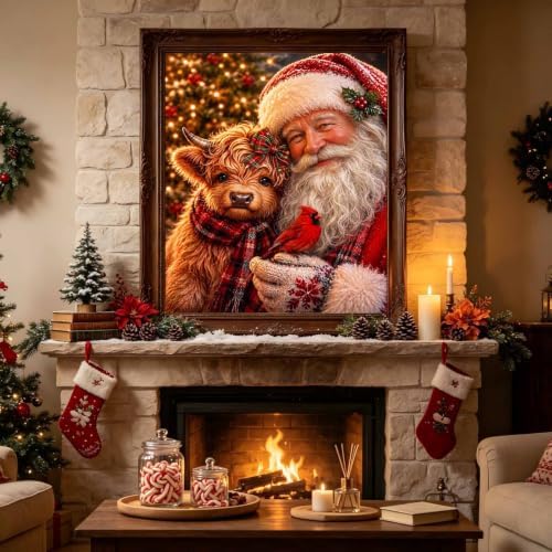 Christmas Diamond Art Kits for Adults, Santa with Cow Diamond Painting