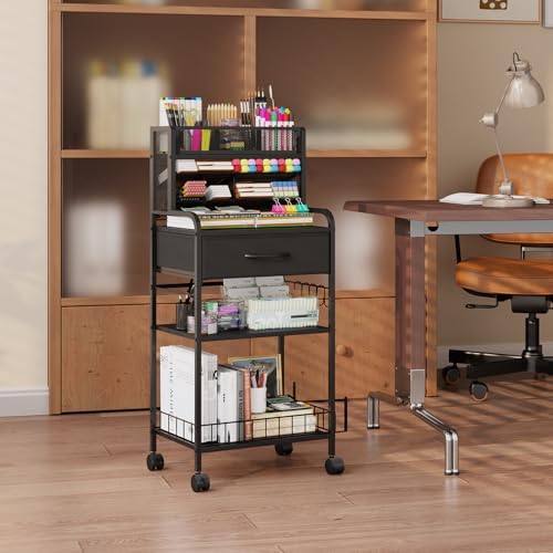 Homsorout Art cart, 3 Tier Rolling Cart - Utility Cart with Storage Drawer and Wheels, Versatile Art & Craft Organizer for Home, Office, or Studio Ideal for Storing Brushes, Paints (Black)