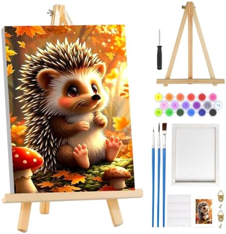 MOGTAA Fall Paint by Numbers Kit for Adults Beginners with Frame, Hedgehog Adult Paint by Number Kits on Canvas with Easel, Easy DIY Autumn Oil Painting Kits for Home Decor, 8x12in