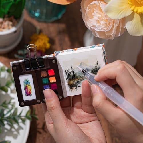Qilery Mini Portable Watercolor Palette Set Wooden Grid Paint Box Watercolor Paper Sketch Book Brush Pens with Binder Clip for Painters Artist Not Include Paint(Blue Flowers)