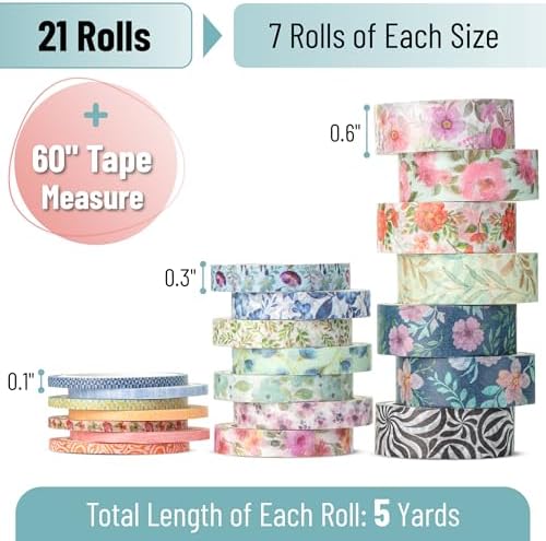 Mr. Pen- Washi Tape Set, 21 Rolls, Assorted Sizes, Floral Vintage | 5 Yards/Roll, Washi Tape for Scrapbook, Arts, Crafts, Journals and Planners