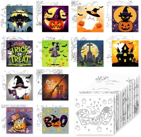 12 Packs Pre Drawn Canvas to Paint, Pre Printed Canvas for Painting, Pre Stretched Canvas Outline Painting Boards for Beginners, Students, Party Favors(4 * 4in) (Halloween)