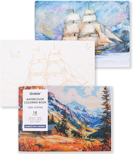 Grabie Watercolor Coloring Book, 15 A5 Cotton Sheets, Landscape Themed