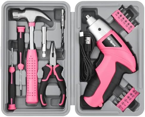 Hi-Spec 3.6V Cordless Electric Screwdriver and Tool Kit for DIY, Pink | 19pc, fast assembly help, common screw bit selection, LED visibility, compact grip, quick household fixes, organized storage