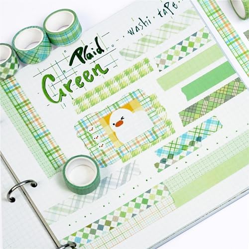 Basic Grid Washi Tape Set 12 Rolls Plaid Decorative Masking Tapes for Arts, DIY Crafts, Journals, Planners, Scrapbook, Wrapping (Green)