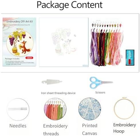 Zhenqing Fox Embroidery Kit for Beginners, Cute Woodland Animal Needlework Craft with Pre-Printed Cotton Fabric, Hoop, Threads & Tools, Garden Decor (C0223)