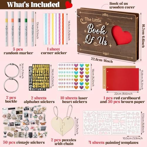CY2SIDE Valentine's Day Couple Photo Album Scrapbook - 111PCS The Little Book of Us Wooden Album Scrapbook Kit for Lovers with Heart Puzzle Brown Paper Sticker and Template for DIY Dating Anniversary