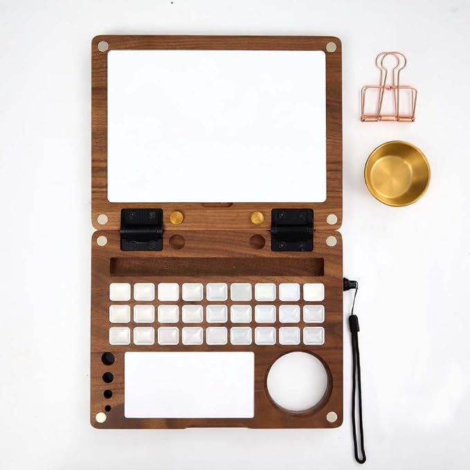 27 Wells Solid Wood Travel Watercolor Palette Box, Black Walnut | Empty Paint Box with Brush Cleaning Cup, Metal Clips and Hand Carry Strap for Outdoor Watercolor Easel
