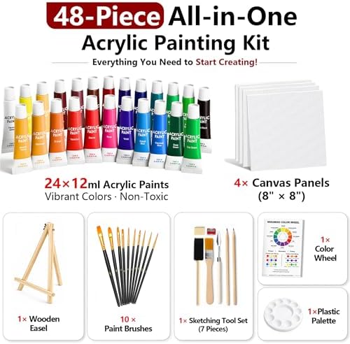 MISUMISO Acrylic Paint Kit for Beginners, 24 Colors Complete Painting Set with 4 Canvas Panels, 10 Brushes, Wooden Easel, Palette & Art Supplies, All-in-One Paint Set for Adults & Teens