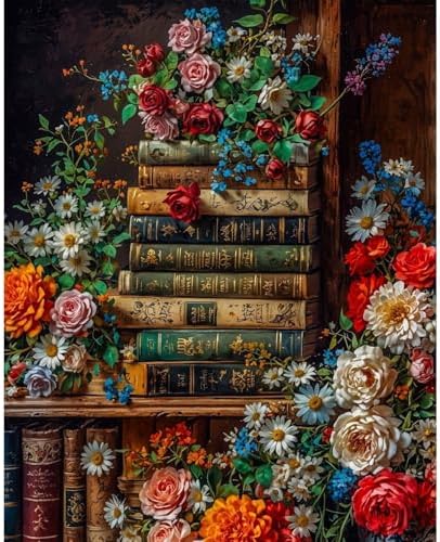 Amaieuin Books Paint by Number Adult,Canvas Paint by Numbers for Adults,Book Flowers Adult Paint by Numbers for Home Wall Art Decor 20x16in