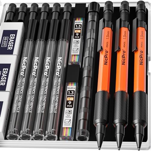 Nicpro 3 PCS 1.3 mm Mechanical Pencils Set with 66 Lead Refill, 3 Eraser