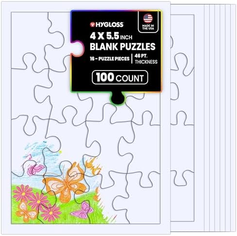 Hygloss 100 Blank Jigsaw Puzzles – 4 x 5.5 Inch, 16 Pieces Each – DYI party invites, Perfect for Decorating, Kids' Activities, Arts & Crafts or Party Favors - Puzzle Pieces to Draw On for Crafts