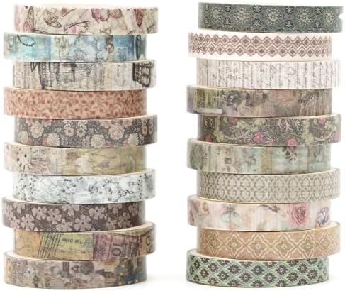 20 Rolls Skinny Vintage Washi Tape Set Retro Arts Adhesive Tapes Basic Patterns Decorative Masking Tape Sets for Craft, Kids, Scrapbook, DIY, Gift Wrapping (Ephemeral Blossoms)