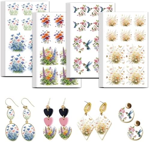 OLYCRAFT 24Pcs Wildflowers Clay Transfer Paper 4 Design Flowerbeds Clay Transfers Paper for Polymer Clays Earring Hummingbird Transfer Sheets Small Ceramic Decal for Earring Jewelry Making
