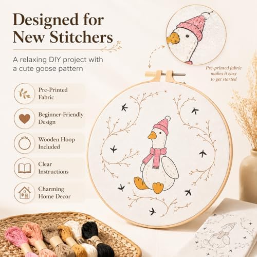 secrncy Goose Embroidery Kit for Beginners with Pre-Printed Fabric