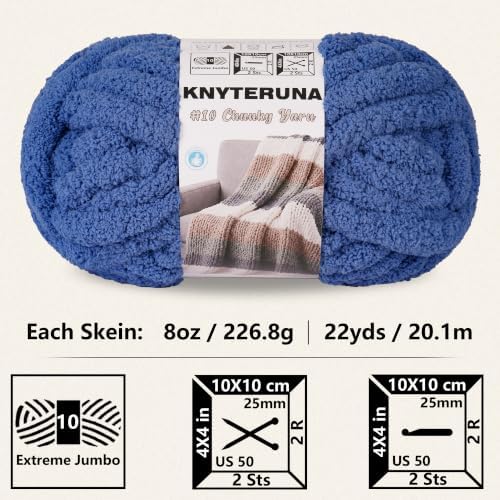 Chunky Yarn for Hand Knitting, #10 Chunky Blanket Chenille Yarn, Large Bulky Thick Jumbo Yarn, Super Chunky Knit Yarn for Crocheting, 8 Skein (8 oz 22 yds Each Skein), Country Blue