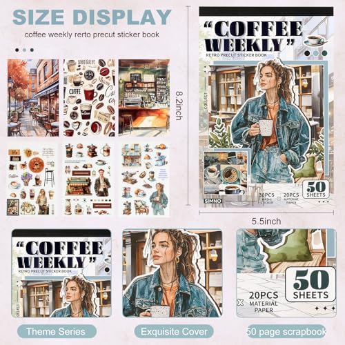Scrapbooking Stickers - 500 Pre-Cut Washi Stickers & 20 Scrapbook Papers Coffee and People Sticker Books for journaling Scrapbooking Supplies