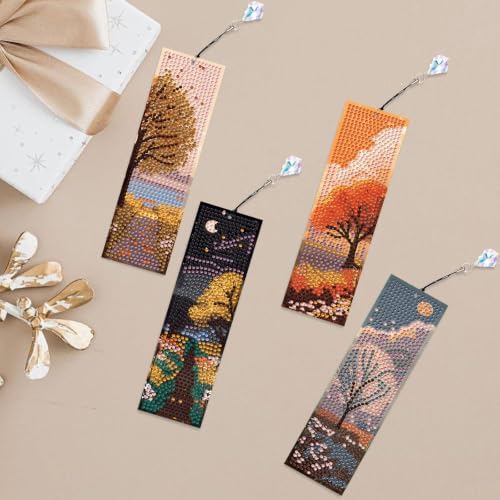 Mandun 4 Pcs Season Diamond Painting Bookmark Kits, Special Shaped Diamond Art Bookmarks with Pendant, DIY Season Diamond Art Bookmarks with Tassels Crafts Gifts Supplies