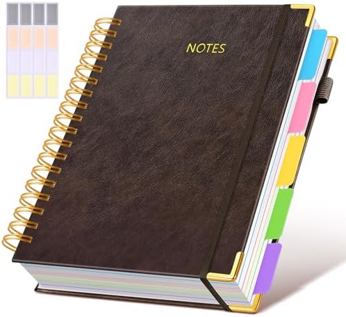 Hardcover Spiral Notebook Journal with Removable Dividers Tabs, 300 Pages Leather 5 Subject Notebook College Ruled, 8"x10" Large B5 Notebooks for Work School Note taking, Lined Journal for Women,Brown