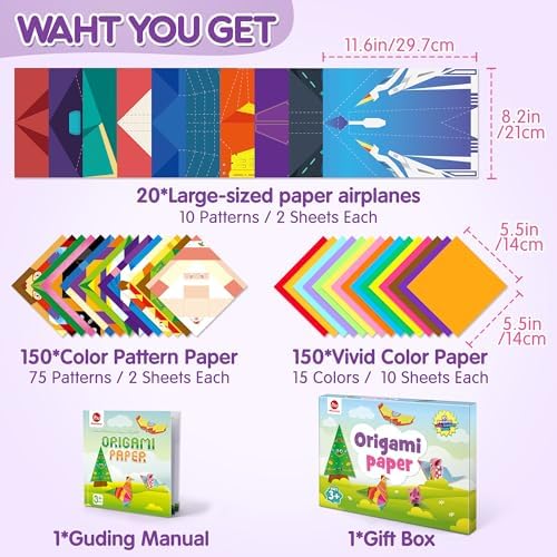 Mocoosy 320 Sheets Origami Kit for Kids Ages 5-8 9-12, Folding Paper Set with Origami Book & Paper Airplane, DIY Art Craft Project for Boys Girls, Travel Game Airplane Car Road Trip Activity Toy Gift