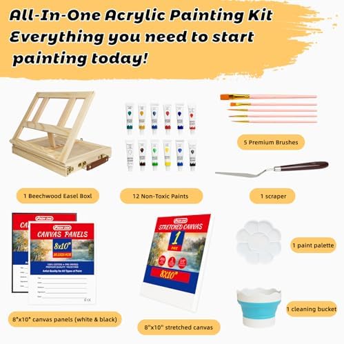 Portable Tabletop Easel Set 24-Piece Acrylic Paints Brushes Canvases