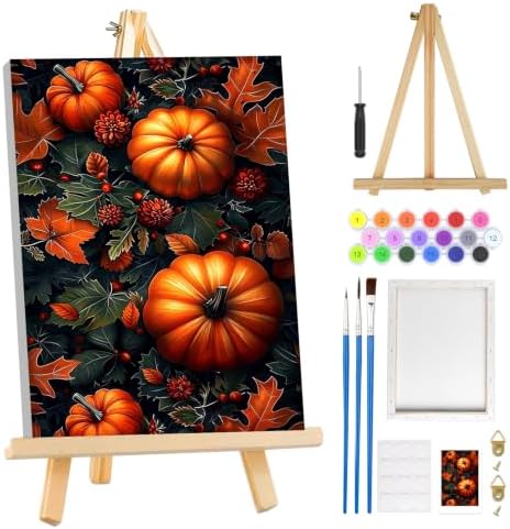 MOGTAA Fall Pumpkin Paint by Numbers Kit for Adults Beginners with Frame, Autumn Adult Paint by Number Kits on Canvas with Easel, Easy DIY Halloween Oil Painting Kits for Home Decor, 8x12in