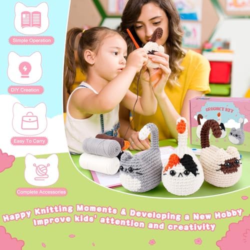 Cat Crochet Kit for Beginners-3PCS Cats Crochet Kits,Teacher Appreciation Gifts for Women, Crochet Starter Kit with Step-by-Step Video Tutorials,Crochet Animal Kits DIY Craft Learn to Crochet Kits