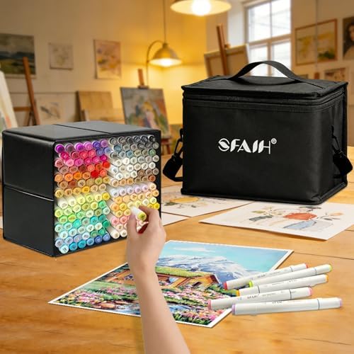 SFAIH 168 Alcohol Markers Set with Leather Marker Organizer- Dual Tip Brush and Chisel Permanent Pens for Adult Coloring, Anime Drawing, Illustration, with Premium Carrying Case & Adjustable Strap