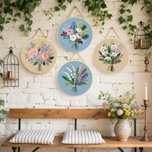 FREEBLOSS 4 Sets Embroidery Kit for Beginners Needlepoint Bouquet Stamped Embroidery Starter Kit with Instructions, Needles, Threads, 2 Hoops 11.6"/29.5CM