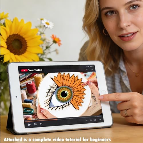 Crafmanoe Sunflower Eyes Embroidery Kits for Beginners Adults, Hand Embroidery Starters Kits, Stamped Cross Stitch Kits Needlepoint Kits for Beginners Adult, Embroidery Hoop, Thread and Video Tutorial